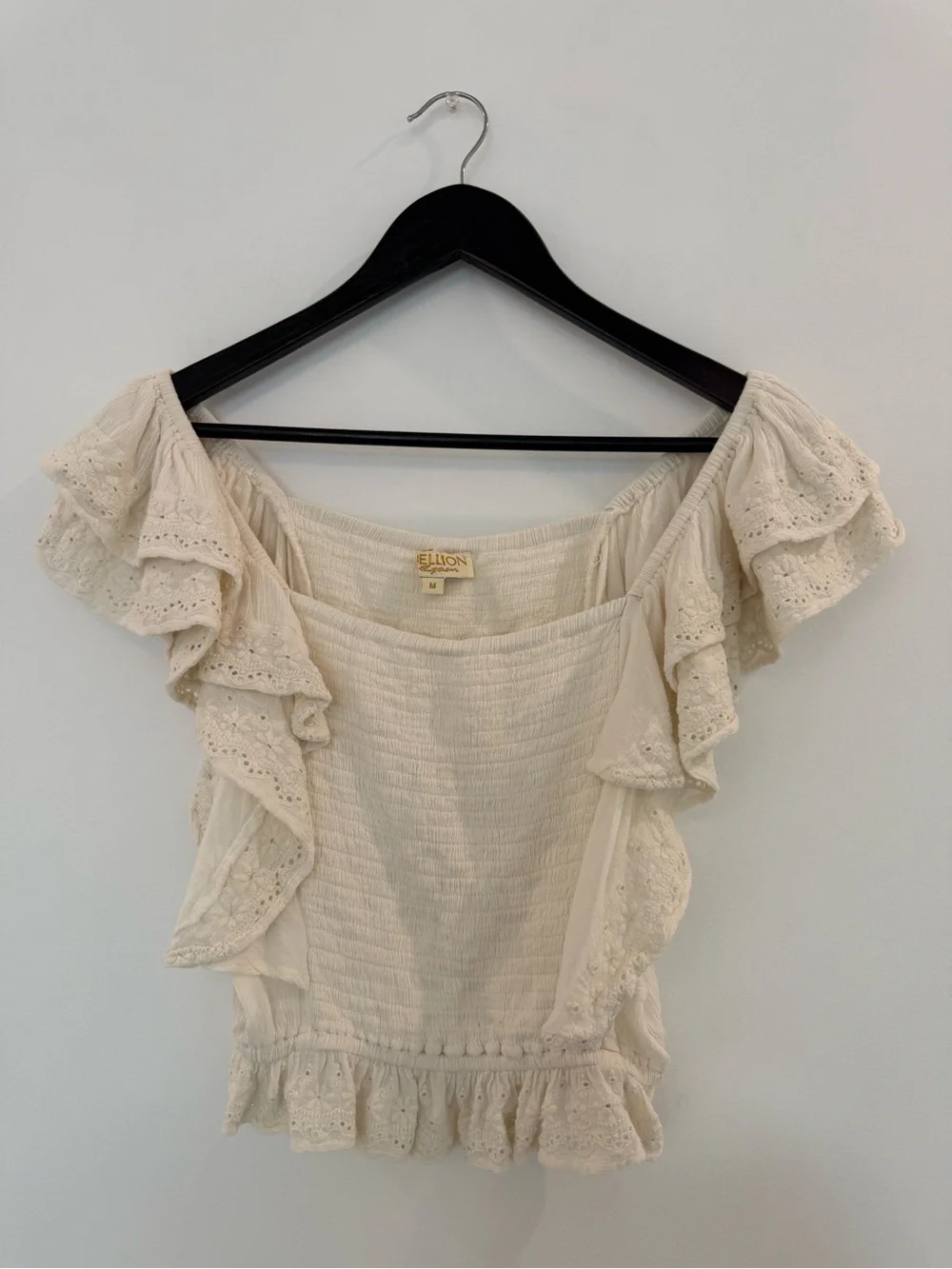 Crochet Cream Ruffled Off-Shoulder top - Picture 1 of 5
